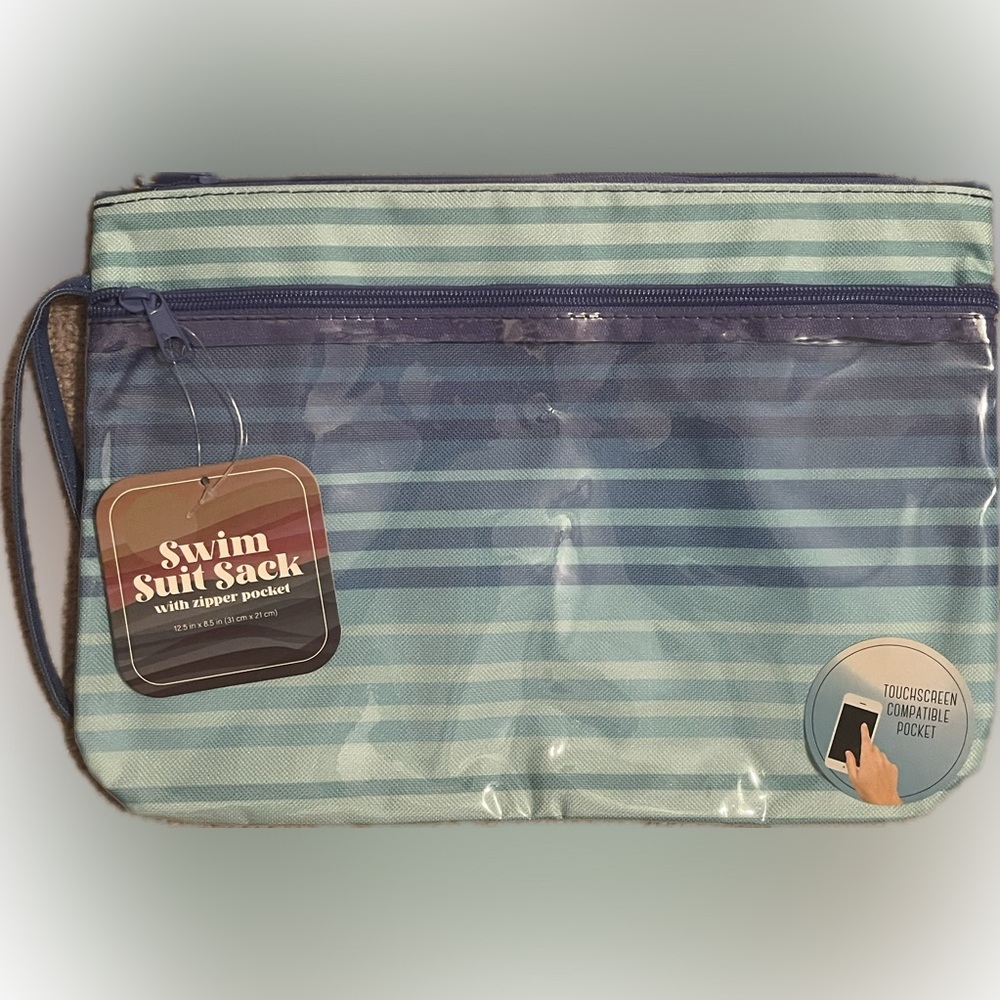 NWT Blue Striped Swim Suit Sack with Zipper Pockets